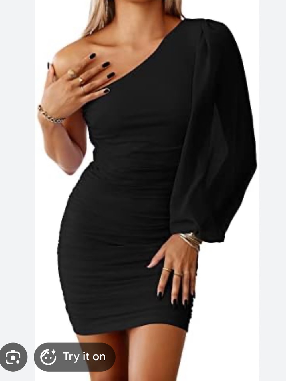 One-Shoulder Cobalt Ruched Mini Dress - Picture 2 of 5